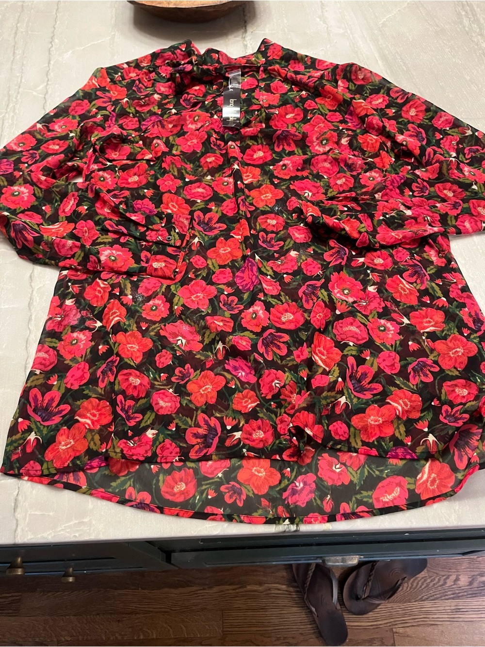 long tall sally Floral Button-Down Blouse in Red and Pink on Black
